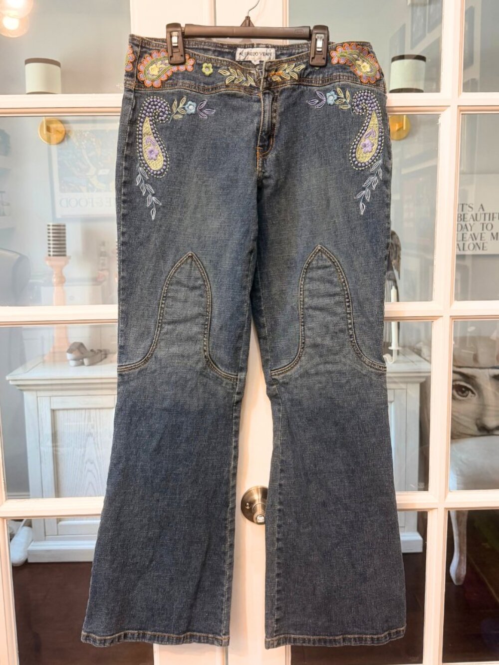 Vintage Y2K Alfredo Venini Embroidered Jeans Low Rise Flare Hem Juniors 11 Boho